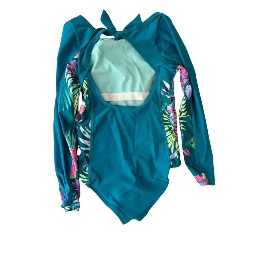Justice Girls 7/8 Tropical Floral One Piece Swimsuit Rash Guard Long Sleeve